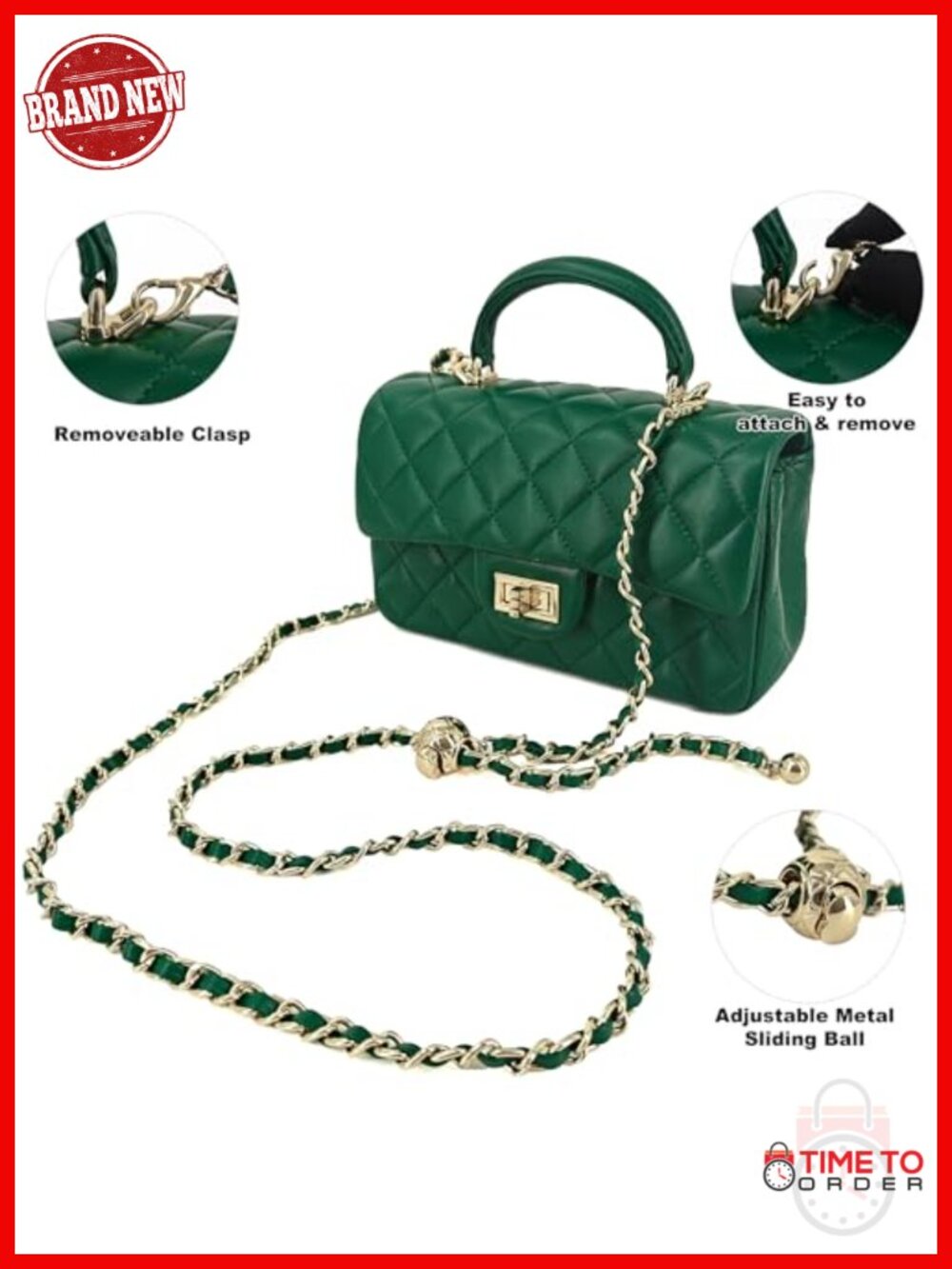 Small Quilted Genuine Leather Crossbody Bag with Chain Strap - Picture 3 of 6